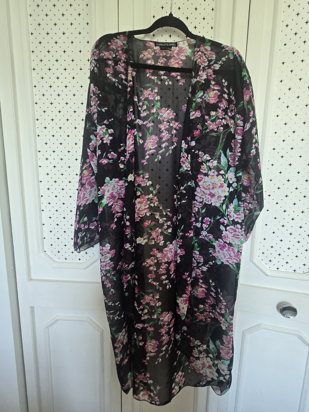 Dressy Black Floral Sheer Kimono Robe with Pink Blossoms